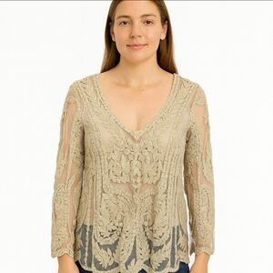 Capri Ivory Vintage Bohemian Sheer Lace Blouse Size Lg